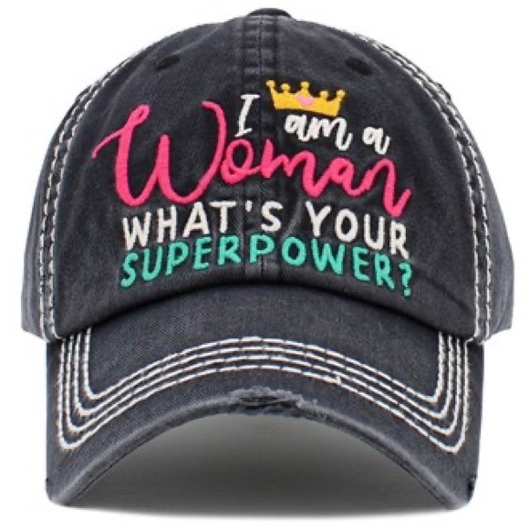 "I AM A WOMAN WHAT'S YOUR SUPERPOWER?" washed vintage ball cap - Picture 1 of 1